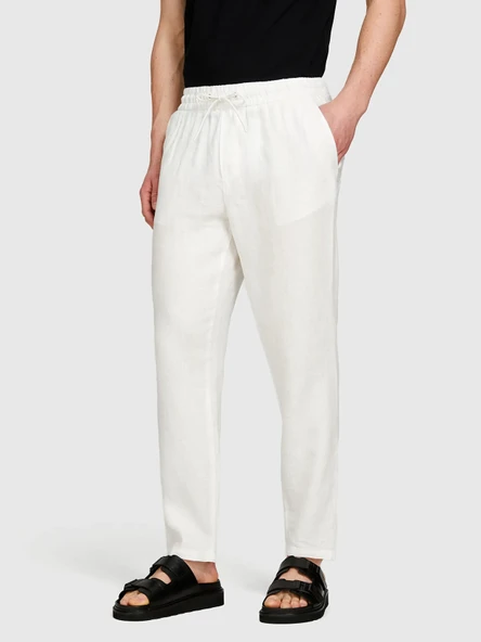 %100 Keten Beli Büzgülü İpli Slim Fit Pantolon Erkek Kırık Beyaz Pantolon - 325P4AGHSF043 - Resim 4