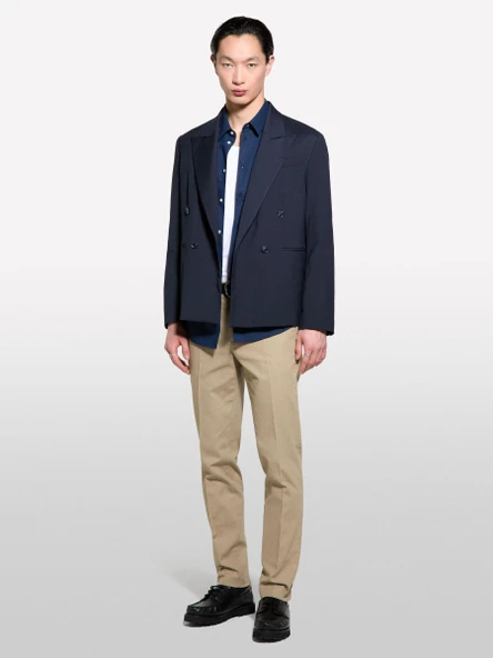 Sisley   Streç Pamuklu Logo Detaylı Slim Fit Chino Pantolon Erkek Mavi Pantolon - 325P4WOSSF053 - Resim 6