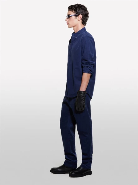 %100 Pamuk Normal Kesim Düğmeli Yaka Kadife Gömlek Erkek Soluk Lacivert Gömlek - 324A544SSQ048 - Resim 2