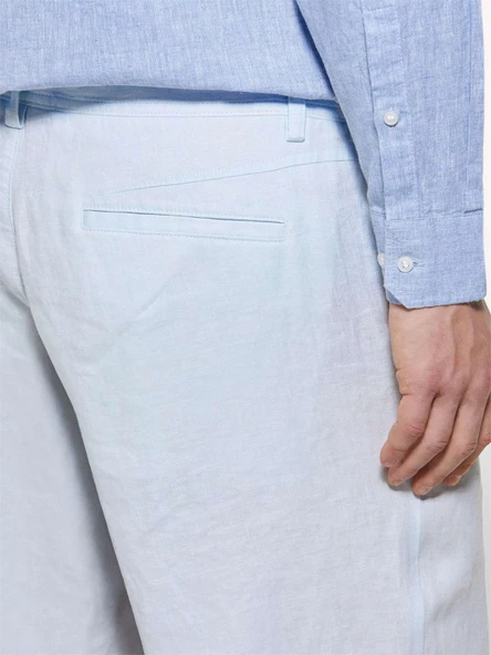 %100 Keten Slim Fit Bermuda Şort Erkek Mavi Şort - 325P4AGHS9010 - Resim 5