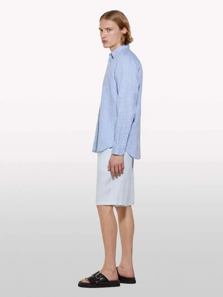 %100 Keten Slim Fit Bermuda Şort Erkek Mavi Şort - 325P4AGHS9010 - Resim 2