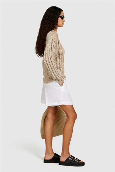 Sisley   %100 Keten Önü Çift Pileli Şort Kadın Beyaz Şort - 324P4AGHL9013 - Resim 7