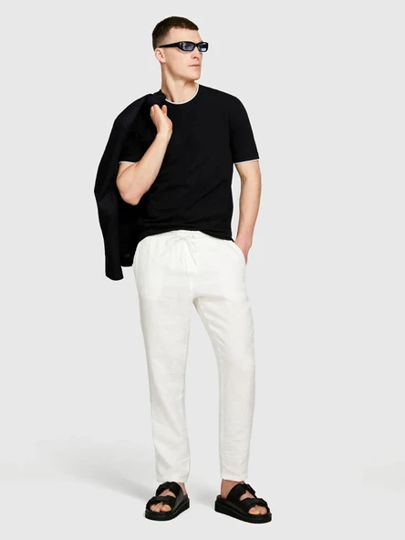 %100 Keten Beli Büzgülü İpli Slim Fit Pantolon Erkek Kırık Beyaz Pantolon - 325P4AGHSF043 ürün görseli 1