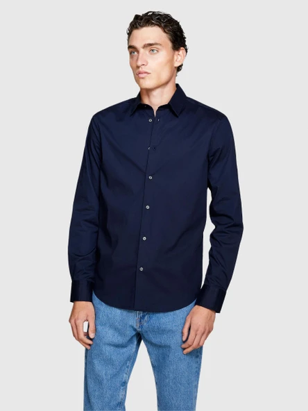 Slim Fit Esnek Koton Gömlek Erkek Lacivert Gömlek - 323A5CNX5QL19 - Resim 5