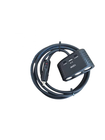 Araç Çakmak Uzatma Kablosu Çakmaklık Çoklayıcı  USB, Type-C çıkışlı 12 Volt 10 Amper 120 WAT 2 X1,5mm TTR Bakır 2 Mt-Siyah-YK-OT732 - Resim 2