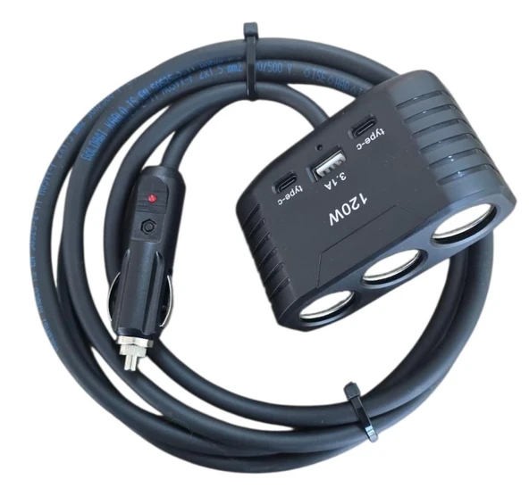 Araç Çakmak Uzatma Kablosu Çakmaklık Çoklayıcı  USB, Type-C çıkışlı 12 Volt 10 Amper 120 WAT 2 X1,5mm TTR Bakır 2 Mt-Siyah-YK-OT732 ürün görseli 1