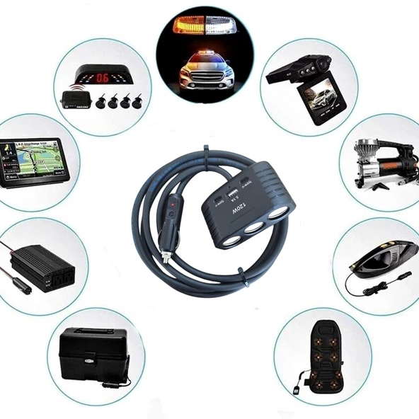 Araç Çakmak Uzatma Kablosu Çakmaklık Çoklayıcı  USB, Type-C çıkışlı 12 Volt 10 Amper 120 WAT 2 X1,5mm TTR Bakır 2 Mt-Siyah-YK-OT732 - Resim 6