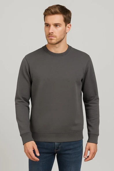 Basic Bisiklet Yaka Relaxed Regular Erkek Sweatshirt - 7478 - Resim 4
