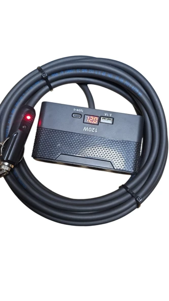 Araç Çakmak Uzatma Kablosu Çakmaklık Çoklayıcı LCD Ekranlı USB, Type-C çıkışlı 12 Volt 10 Amper 120 WAT 2 X1,5mm TTR Bakır 5 Mt-Siyah-YT-OT733 - Resim 4