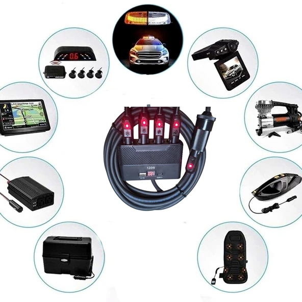 Araç Çakmak Uzatma Kablosu Çakmaklık Çoklayıcı LCD Ekranlı USB, Type-C çıkışlı 12 Volt 10 Amper 120 WAT 2 X1,5mm TTR Bakır 5 Mt-Siyah-YT-OT733 - Resim 6
