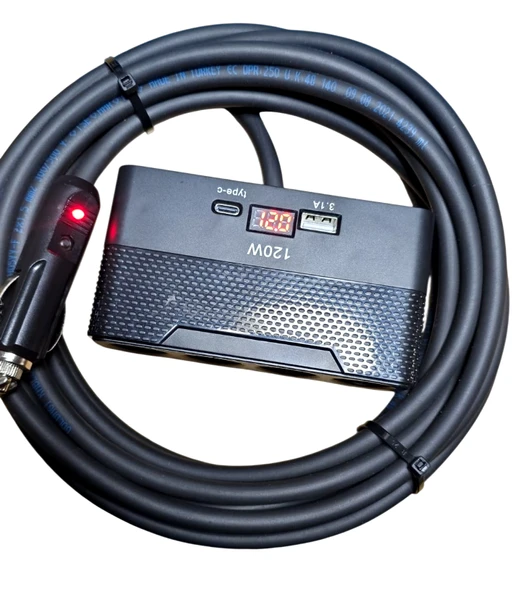 Araç Çakmak Uzatma Kablosu Çakmaklık Çoklayıcı LCD Ekranlı USB, Type-C çıkışlı 12 Volt 10 Amper 120 WAT 2 X1,5mm TTR Bakır 5 Mt-Siyah-YT-OT733 ürün görseli 1