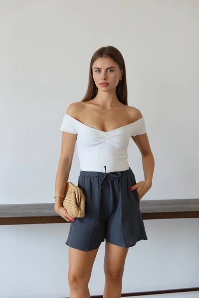 Müslin kumaş şort bağcıklı antrasit pt ürün görseli 1