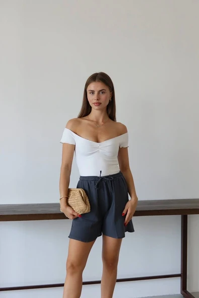 Müslin kumaş şort bağcıklı antrasit pt - Resim 4