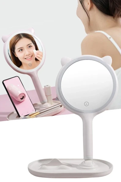 Kedi Kulaklı Telefon Standlı Yuvarlak Dokunmatik Led Ayarlı Masa Üstü Makyaj Aynası - Resim 5