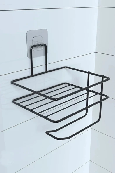 Kendiliğinden Yapışkanlı Tuvalet Kağıdı Tutacağı Ve Yedek Raf - Siyah Modern Metal Tasarım - Resim 7