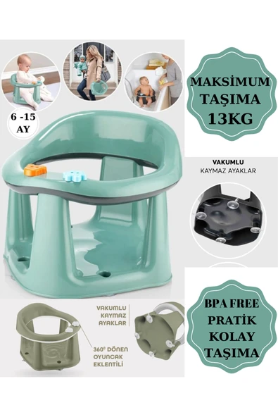 Bebek Banyo Oturağı - Vakum Tabanlı Bebek Mama Oturağı - Bel Destekli Vakumlu Mama, Yelşil 10 Top - Resim 5