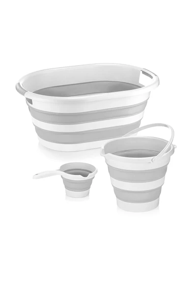 3'lü Katlanır Bebek Yıkama Seti Bebek Banyo Küveti Büyük Boy - Su Kovası - Maşrapa Gri ürün görseli 1