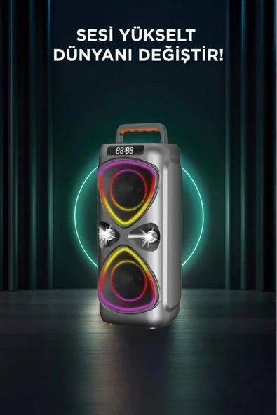 Bluetooh Hoparlör Kablolu Mikrofonlu Kumandali Radyolu Led Işıklı Parti Speaker D78 - Resim 2