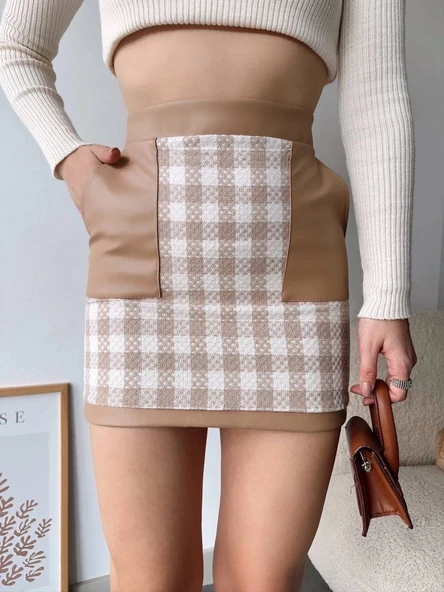 Deri cep garnili kaşe etek bej h24604 ürün görseli 1