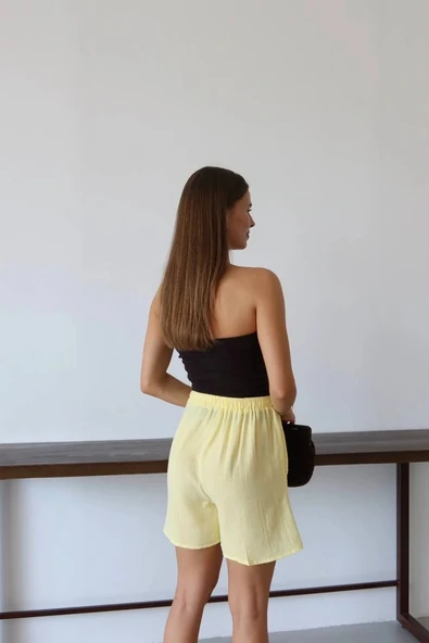 BİÇOMİ Müslin kumaş şort bağcıklı sarı pt - Resim 5