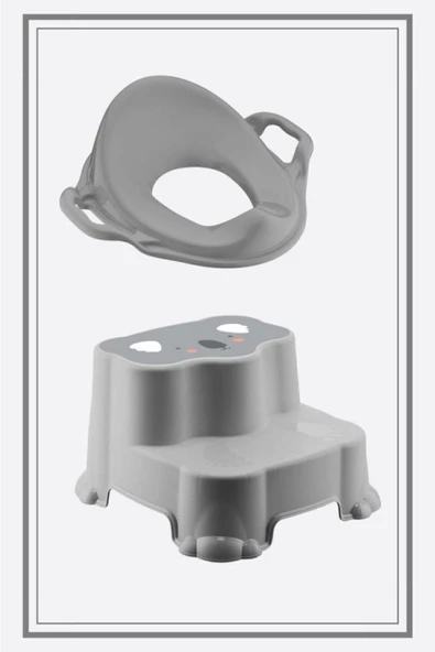 Kaydırmaz Çift Basamaklı Çocuk Taburesi Ve Kulplu Klozet Tuvalet Alıştırma Adaptörü 2'li Set Gri - Resim 2