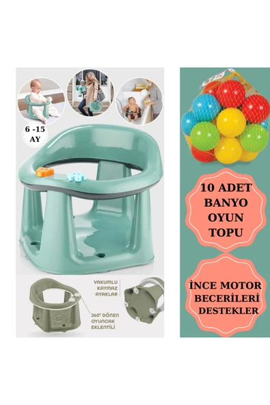 Bebek Banyo Oturağı - Vakum Tabanlı Bebek Mama Oturağı - Bel Destekli Vakumlu Mama, Yelşil 10 Top ürün görseli 1