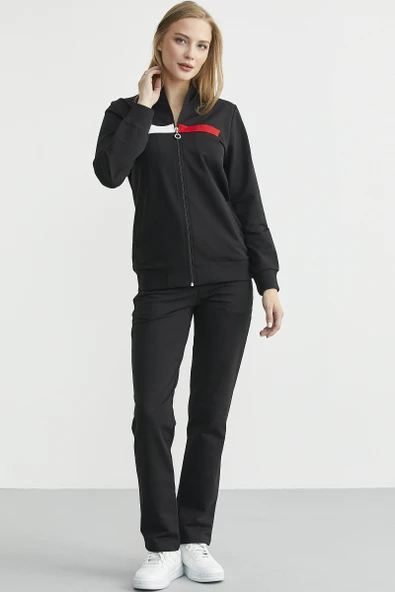 Dik Yaka Fermuarlı Eşofman Takım - Siyah - Resim 4