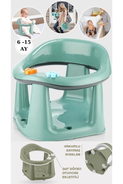 Bebek Banyo Oturağı - Vakum Tabanlı Bebek Mama Oturağı - Bel Destekli Vakumlu Mama, Yelşil 10 Top - Resim 2