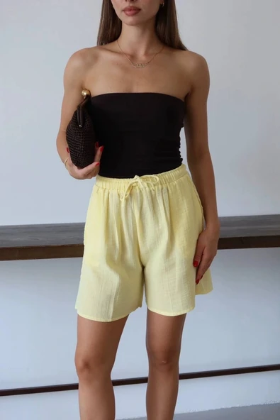 BİÇOMİ Müslin kumaş şort bağcıklı sarı pt ürün görseli 1