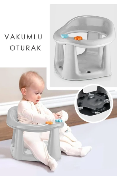 Bebek Banyo Oturağı - Vakum Tabanlı Bebek Mama Oturağı - Bel Destekli Vakumlu Mama, Gri - Resim 3