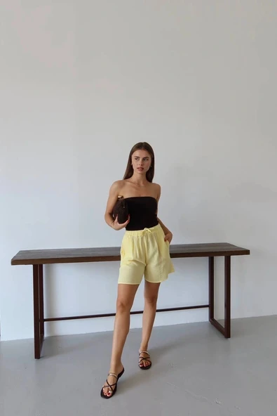 BİÇOMİ Müslin kumaş şort bağcıklı sarı pt - Resim 4