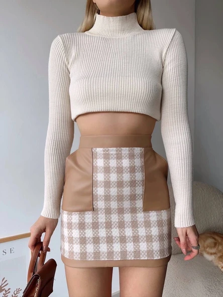 Deri cep garnili kaşe etek bej h24604 - Resim 3