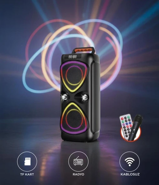 Bluetooh Hoparlör Kablolu Mikrofonlu Kumandali Radyolu Led Işıklı Parti Speaker D78 - Resim 5