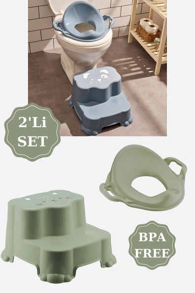 Kaydırmaz Çift Basamaklı Çocuk Taburesi Ve Kulplu Klozet Tuvalet Alıştırma Adaptörü 2'li Set Yeşil ürün görseli 1
