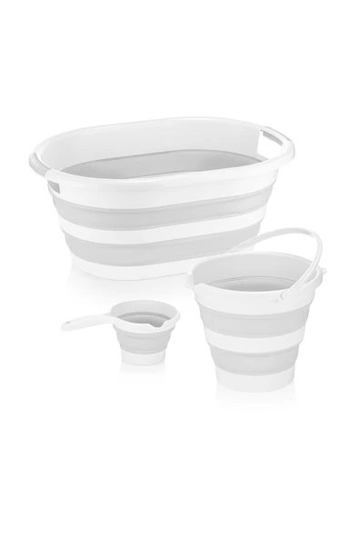 3'lü Set Katlanır Çamaşır Sepeti - Katlanabilir Akordiyon Su Kovası -maşrapa - Resim 2