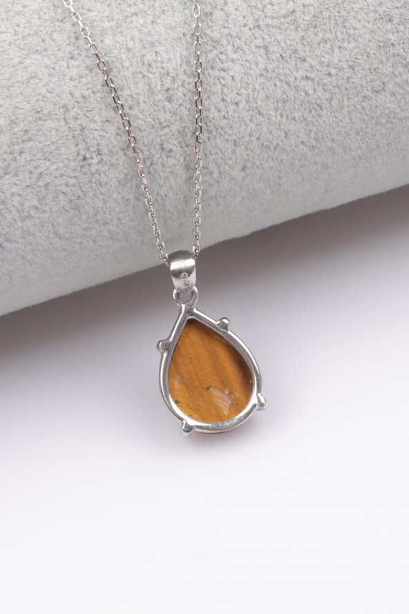 Kaplan Gözü Doğal Taş 925 Ayar Gümüş Kolye - 2