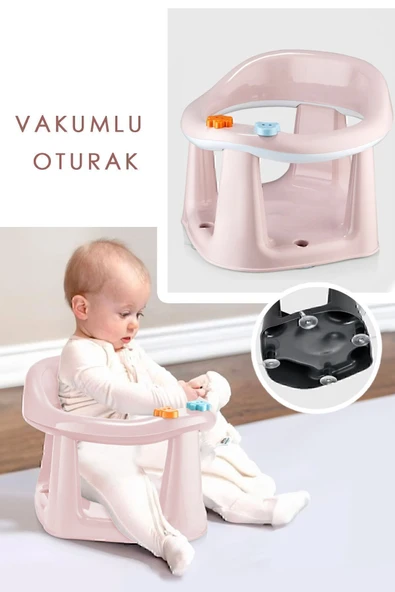 Bebek Banyo Oturağı - Vakum Tabanlı Bebek Mama Oturağı - Bel Destekli Vakumlu Mama, Pudra 10 Top - Resim 2