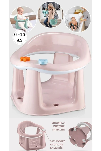Bebek Banyo Oturağı - Vakum Tabanlı Bebek Mama Oturağı - Bel Destekli Vakumlu Mama, Pudra 10 Top - Resim 4
