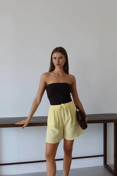 BİÇOMİ Müslin kumaş şort bağcıklı sarı pt - Resim 2