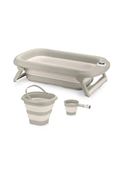 Yeni Termometreli Katlanır Bebek Küveti 45 Lt. 3 Lü Set Bej - Resim 3