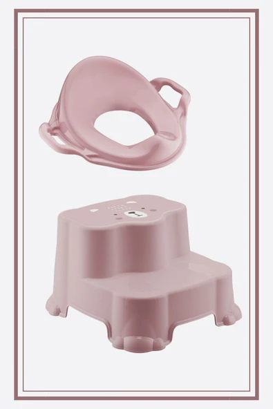 Kaydırmaz Çift Basamaklı Çocuk Taburesi Ve Kulplu Klozet Tuvalet Alıştırma Adaptörü 2'li Set Pembe - Resim 4