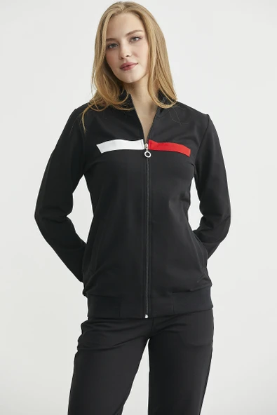 Dik Yaka Fermuarlı Eşofman Takım - Siyah - Resim 3