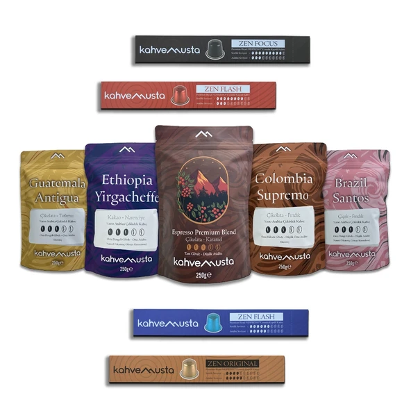 kahvemusta Çekirdek Kahve ve Kapsül Kahve Tanışma Paketi (5x250g+4x10Kapsül) ürün görseli 1