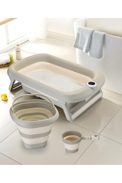 Yeni Termometreli Katlanır Bebek Küveti 45 Lt. 3 Lü Set Bej - Resim 8