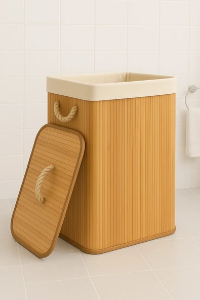 Bambu Kirli Çamaşır Sepeti Katlanır Doğal Bambu ürün görseli 1
