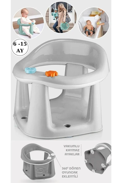 Bebek Banyo Oturağı - Vakum Tabanlı Bebek Mama Oturağı - Bel Destekli Vakumlu Mama, Gri ürün görseli 1