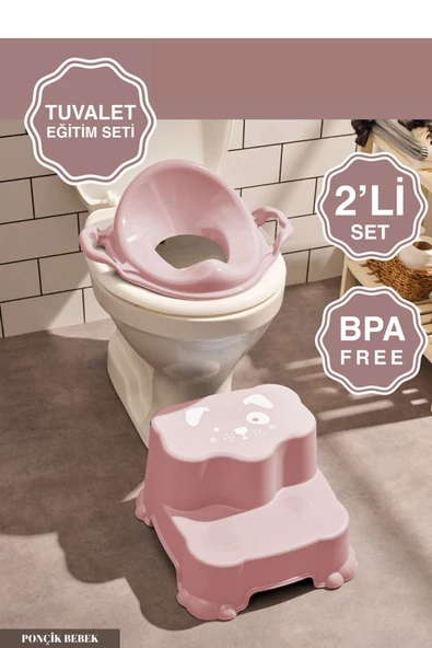 Kaydırmaz Çift Basamaklı Çocuk Taburesi Ve Kulplu Klozet Tuvalet Alıştırma Adaptörü 2'li Set Pembe ürün görseli 1