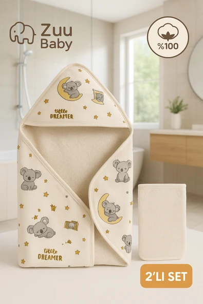 %100 Pamuk Kapüşonlu Bebek Havlusu + Bebek Lifi 2’li Banyo Seti ürün görseli 1