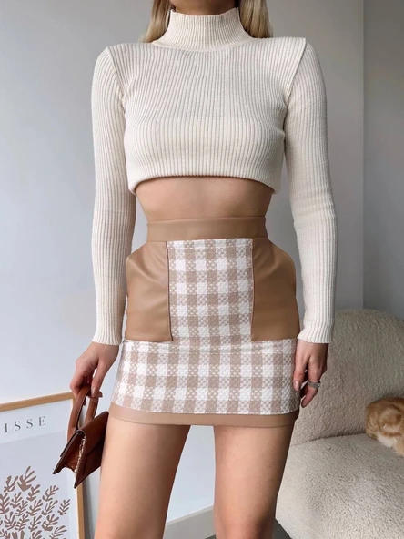 Deri cep garnili kaşe etek bej h24604 - Resim 2