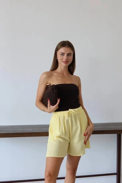 BİÇOMİ Müslin kumaş şort bağcıklı sarı pt - Resim 3